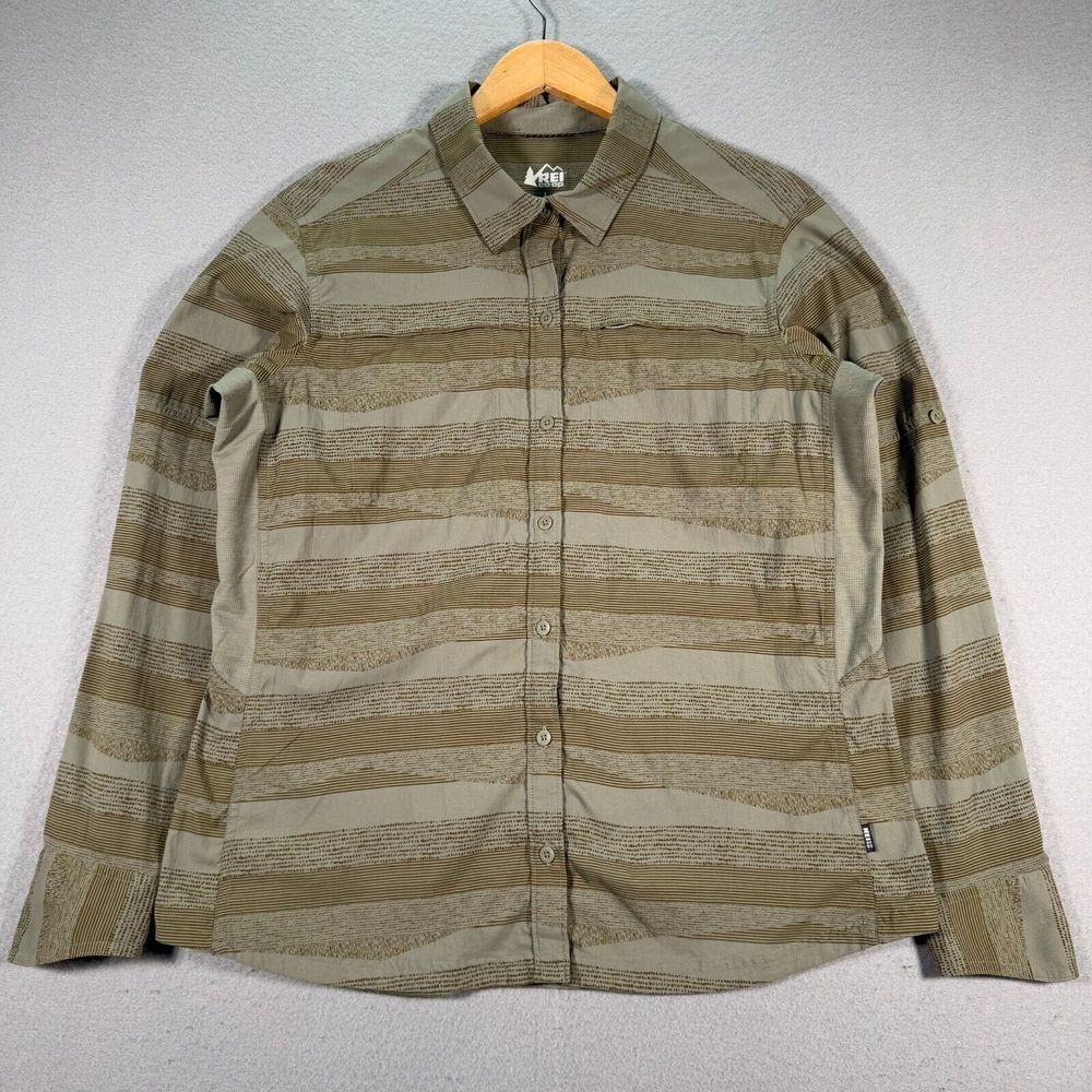 REI Coop Button Up Top Womens Large Green Striped Hiking Outdoor Casual Workwear